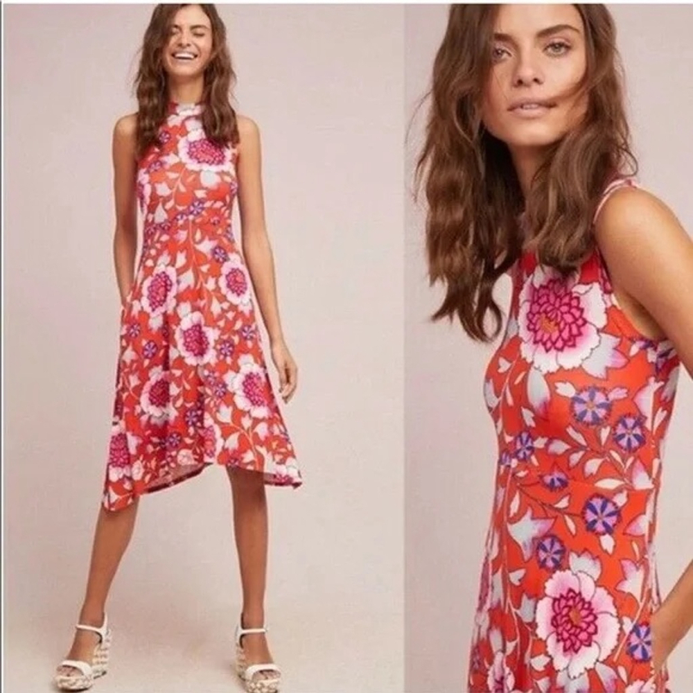 Anthropologie Maeve Red Floral Sleeveless Midi Dress Small